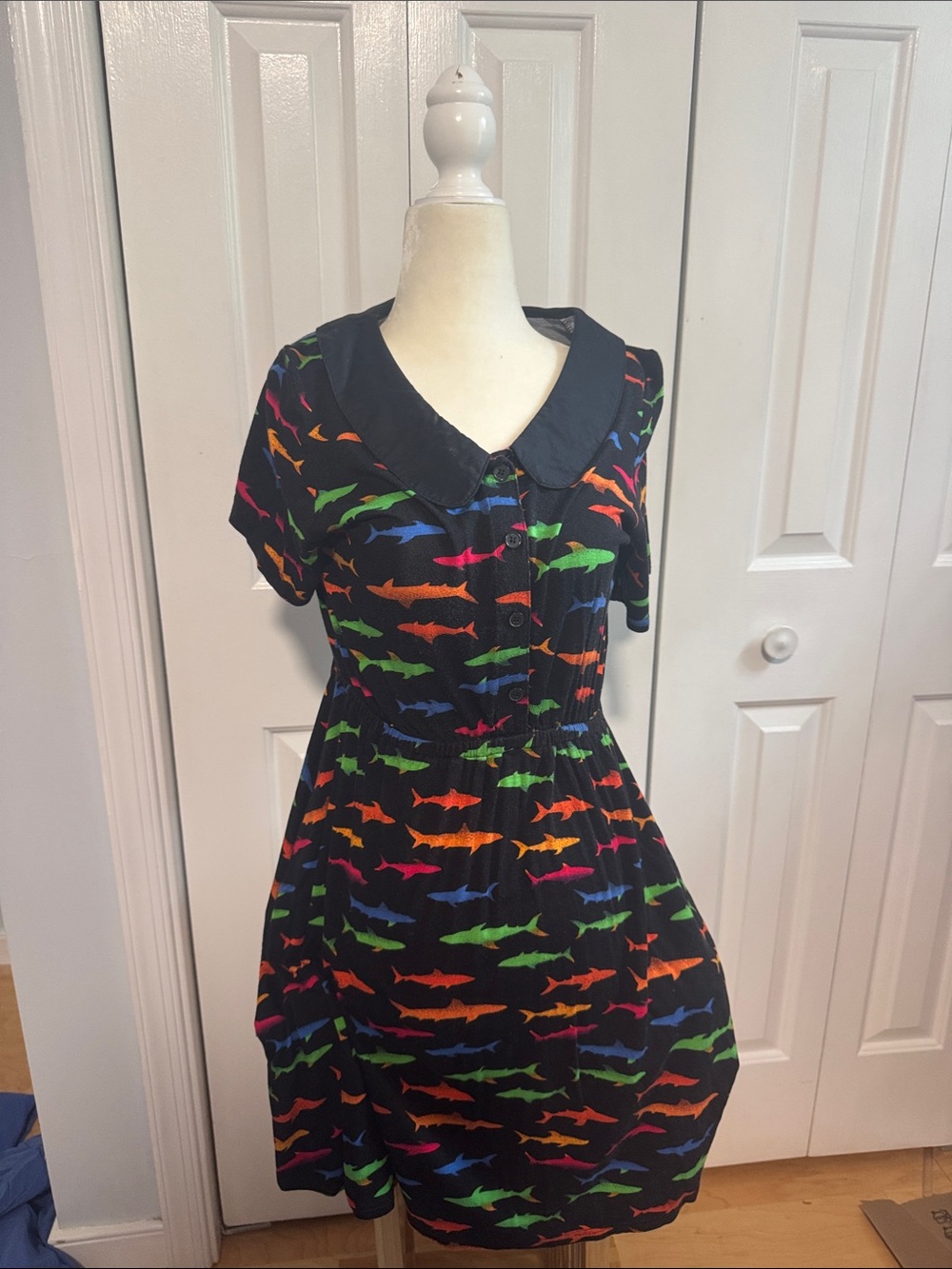 ModCloth Black Mini Dress with Multicolor Shark Print
